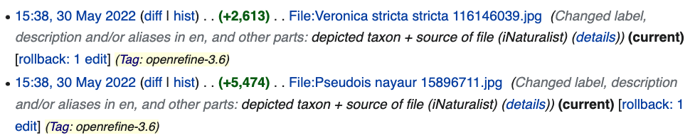 Edits done by OpenRefine as listed in the user's contributions.